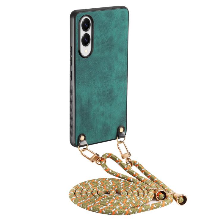 For Samsung Galaxy S25 Edge 5G Vintage Leather PC Back Cover Phone Case with Crossbody Strap(Green)