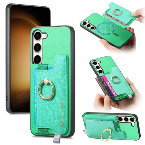 

For Samsung Galaxy S23+ 5G Retro Cross Leather Ring Horizontal Insert Card Bag MagSafe Phone Case(Green)