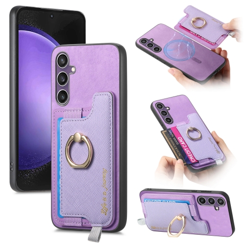 

For Samsung Galaxy S24 FE 5G Retro Cross Leather Ring Horizontal Insert Card Bag MagSafe Phone Case(Purple)