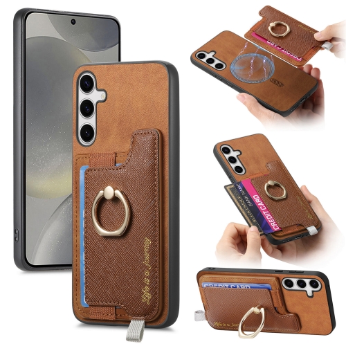 

For Samsung Galaxy S25+ 5G Retro Cross Leather Ring Horizontal Insert Card Bag MagSafe Phone Case(Brown)