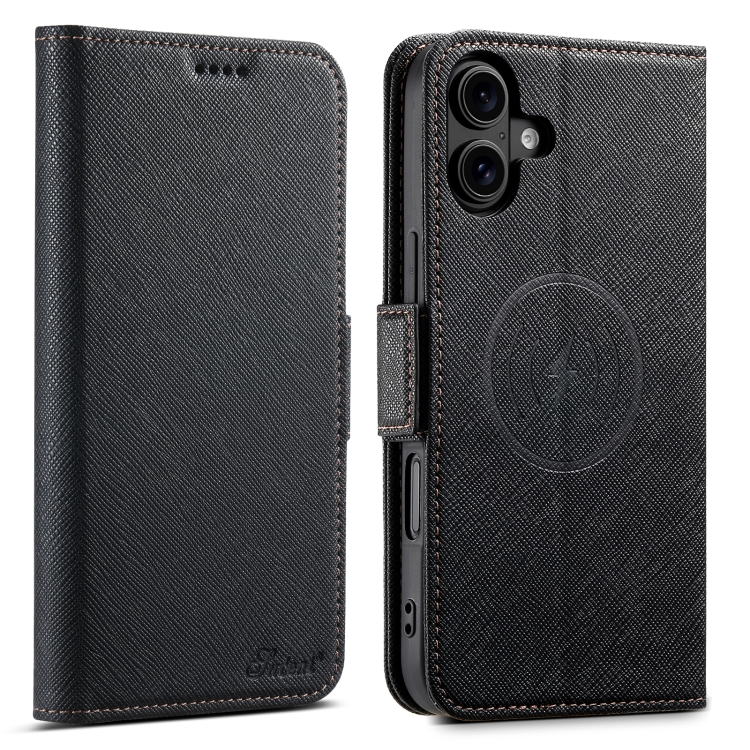 

For iPhone 16 Suteni J08 Multifunctional Cross Texture MagSafe Leather Phone Case(Black)