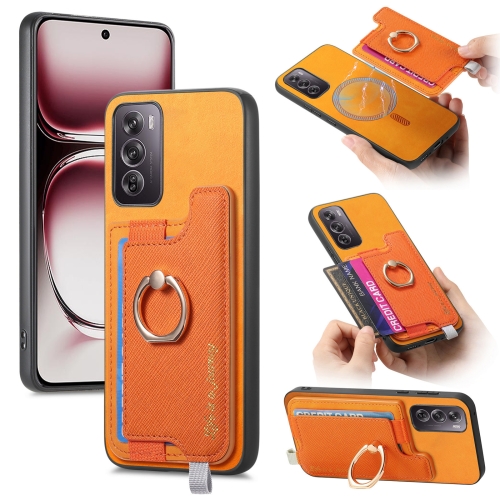 

For OPPO Reno12 Pro Global Retro Magsafe Cross Leather Ring Holder Card Bag Phone Case(Yellow)