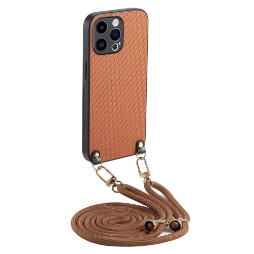 

For iPhone 16 Pro Carbon Fiber Texture Leather Back Phone Case with Crossbody Strap(Brown)