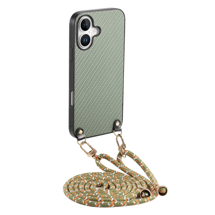 

For iPhone 16 Plus Carbon Fiber Texture Leather Back Phone Case with Crossbody Strap(Green)