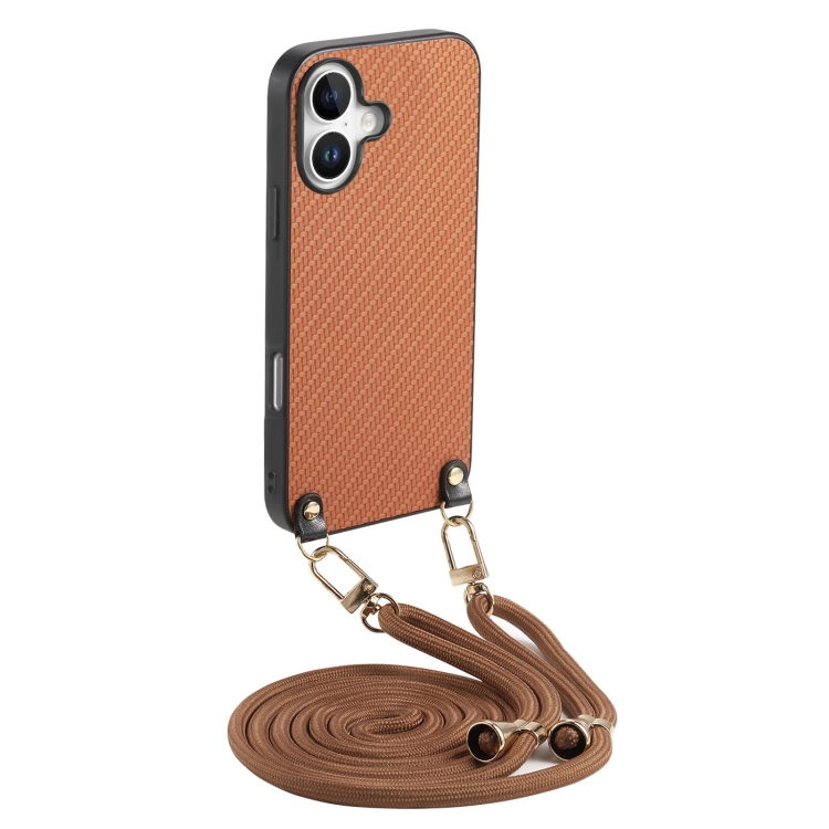 

For iPhone 16 Plus Carbon Fiber Texture Leather Back Phone Case with Crossbody Strap(Brown)