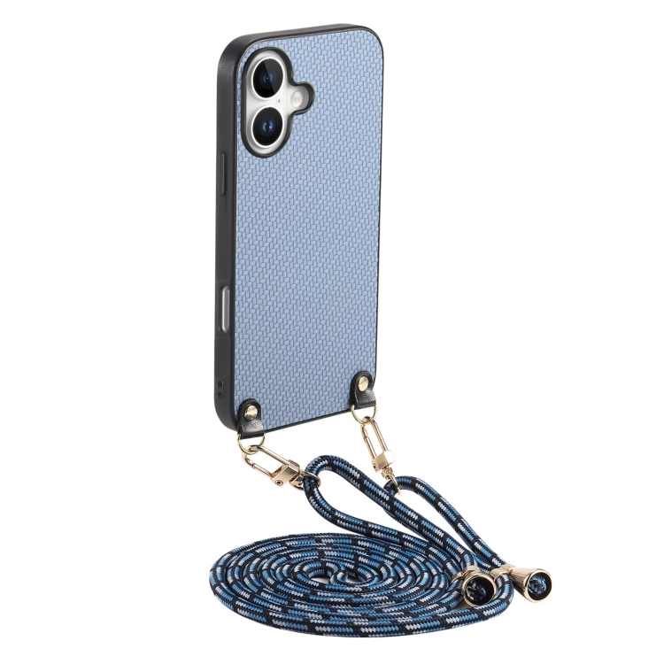 

For iPhone 16 Plus Carbon Fiber Texture Leather Back Phone Case with Crossbody Strap(Blue)