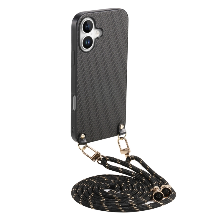 

For iPhone 16 Carbon Fiber Texture Leather Back Phone Case with Crossbody Strap(Black)
