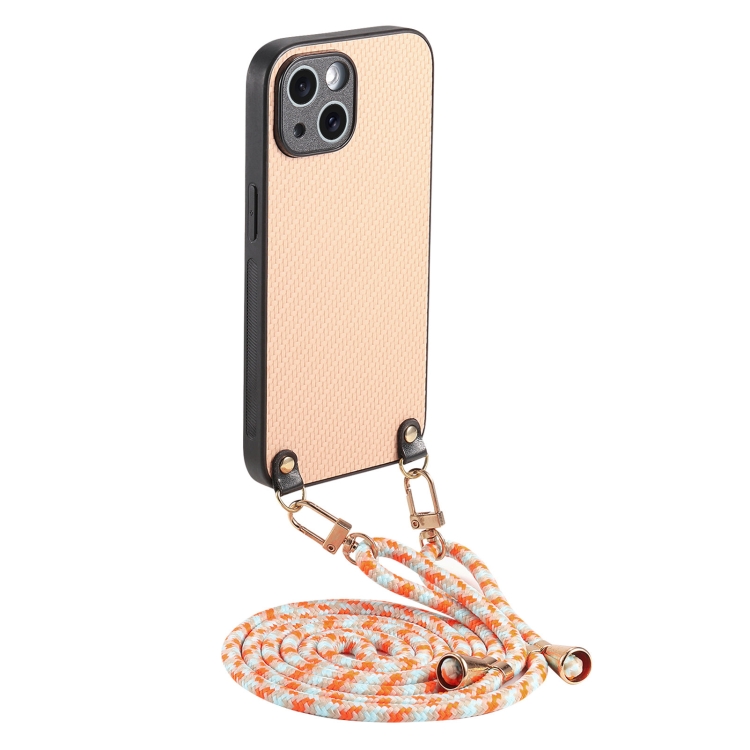 

For iPhone 15 Carbon Fiber Texture Leather Back Phone Case with Crossbody Strap(Khaki)