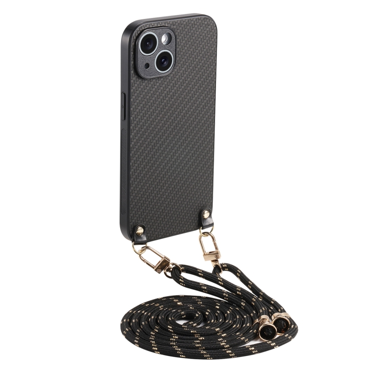 

For iPhone 14 Plus Carbon Fiber Texture Leather Back Phone Case with Crossbody Strap(Black)