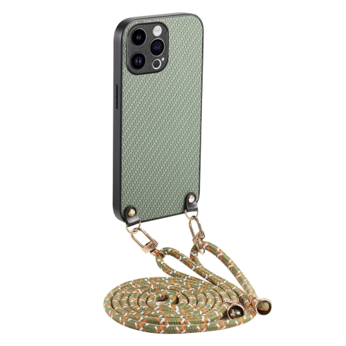 

For iPhone 14 Pro Max Carbon Fiber Texture Leather Back Phone Case with Crossbody Strap(Green)