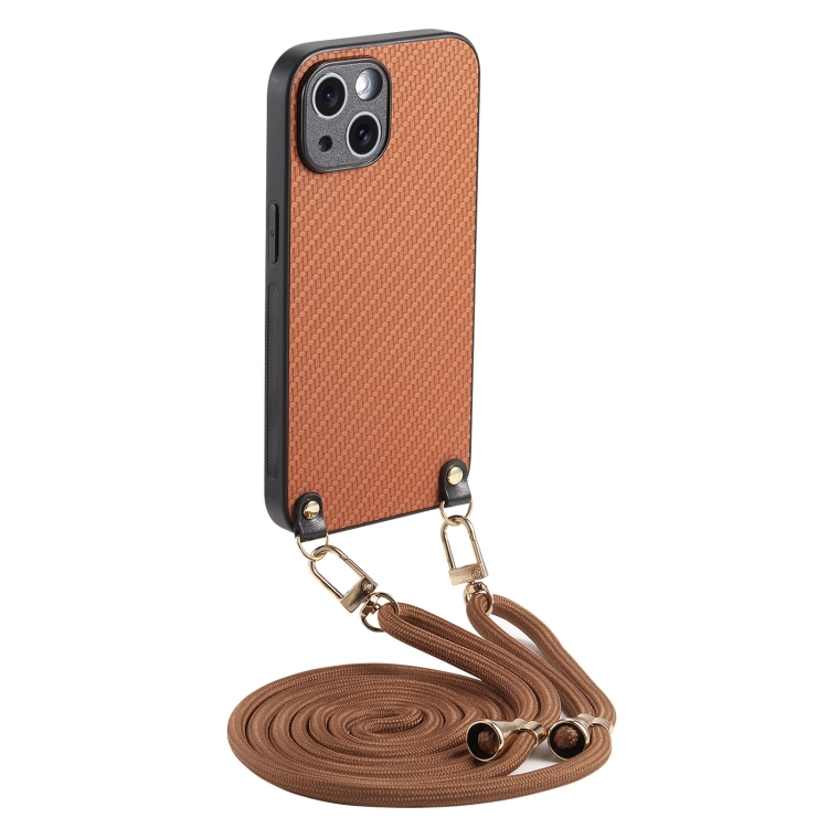 

For iPhone 13 Carbon Fiber Texture Leather Back Phone Case with Crossbody Strap(Brown)