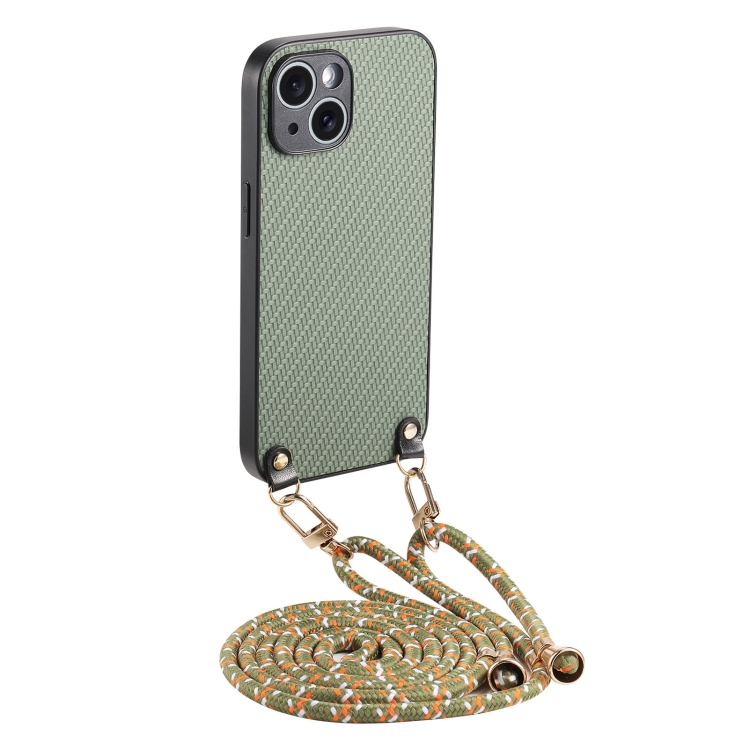 

For iPhone 13 mini Carbon Fiber Texture Leather Back Phone Case with Crossbody Strap(Green)
