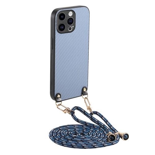 

For iPhone 12 Pro Max Carbon Fiber Texture Leather Back Phone Case with Crossbody Strap(Blue)