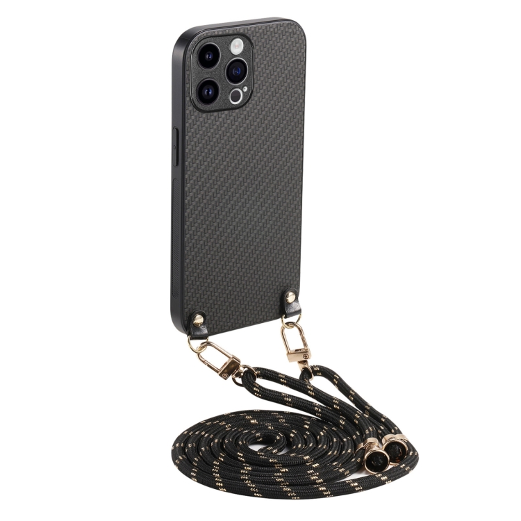 

For iPhone 12 Pro Carbon Fiber Texture Leather Back Phone Case with Crossbody Strap(Black)