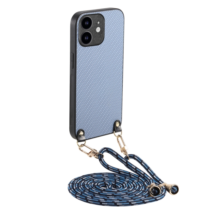 

For iPhone 12 mini Carbon Fiber Texture Leather Back Phone Case with Crossbody Strap(Blue)