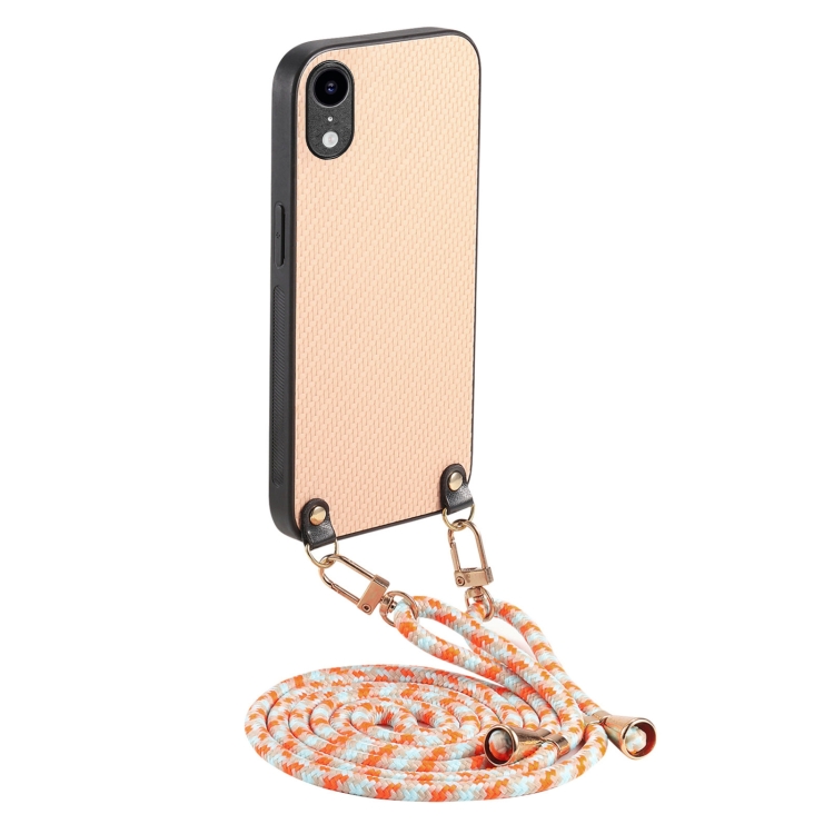 

For iPhone XR Carbon Fiber Texture Leather Back Phone Case with Crossbody Strap(Khaki)