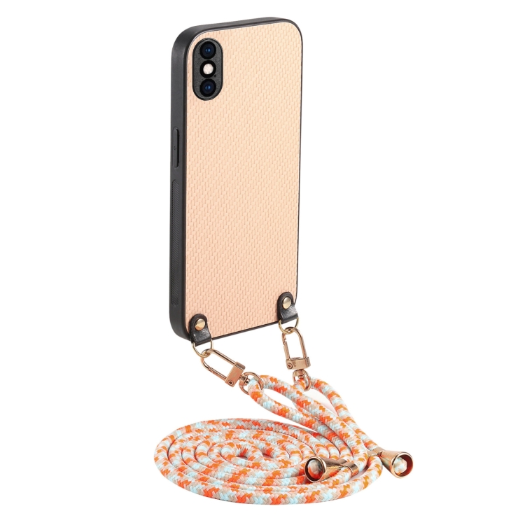 

For iPhone XS Max Carbon Fiber Texture Leather Back Phone Case with Crossbody Strap(Khaki)