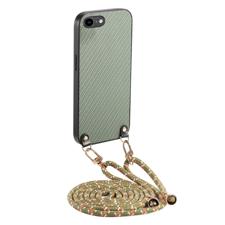 

For iPhone 7 / 8 / SE 2022 / SE 2020 Carbon Fiber Texture Leather Back Phone Case with Crossbody Strap(Green)