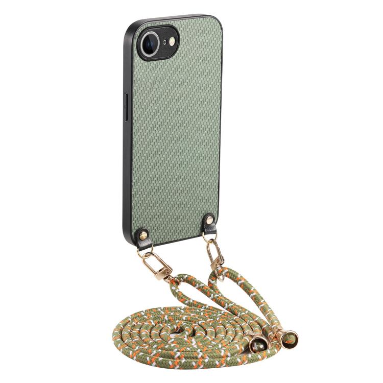 

For iPhone 16e Carbon Fiber Texture Leather Back Phone Case with Crossbody Strap(Green)