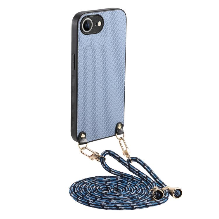 

For iPhone 16e Carbon Fiber Texture Leather Back Phone Case with Crossbody Strap(Blue)