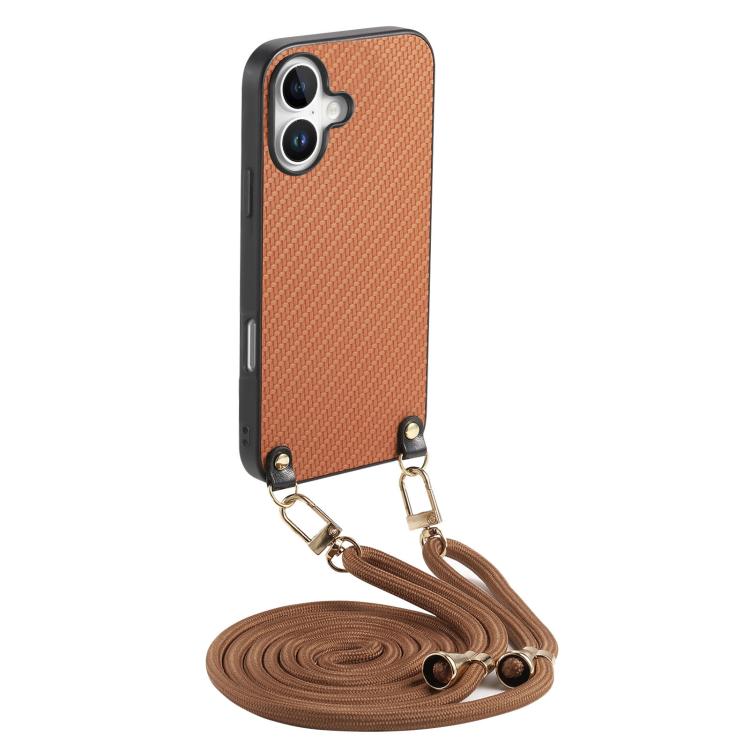 

For iPhone 17 Carbon Fiber Texture Leather Back Phone Case with Crossbody Strap(Brown)