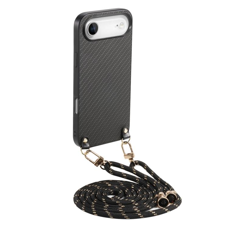 

For iPhone Air Carbon Fiber Texture Leather Back Phone Case with Crossbody Strap(Black)