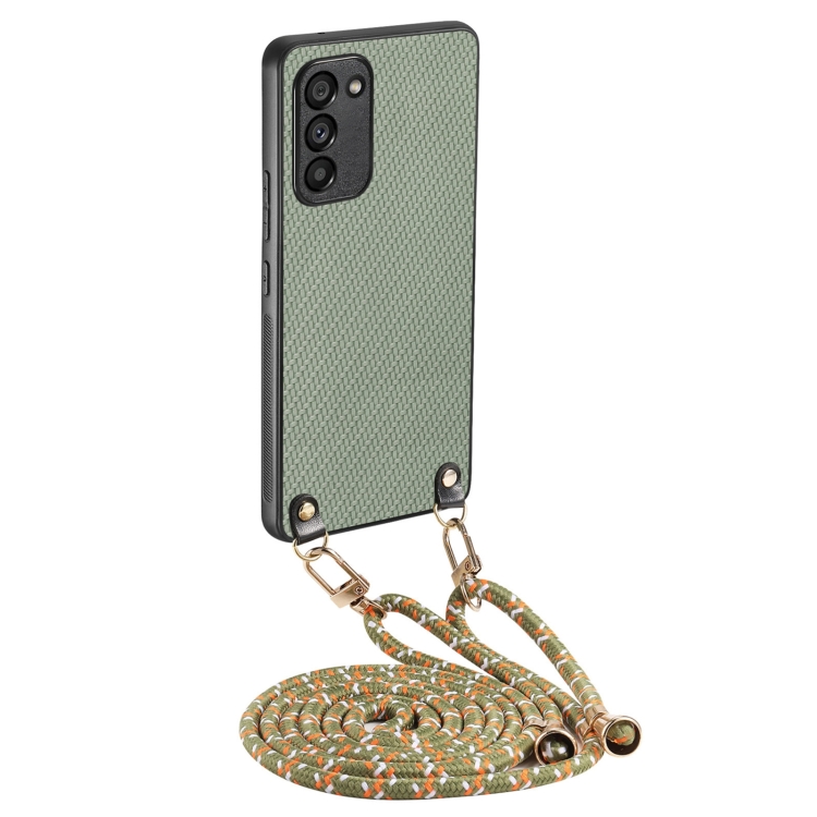 

For Samsung Galaxy S23 5G Carbon Fiber Texture Leather Back Cover Phone Case with Crossbody Strap(Green)