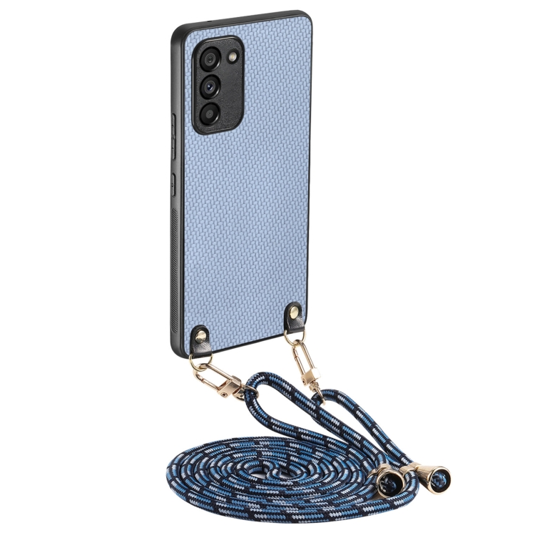 

For Samsung Galaxy S21 5G Carbon Fiber Texture Leather Back Cover Phone Case with Crossbody Strap(Blue)