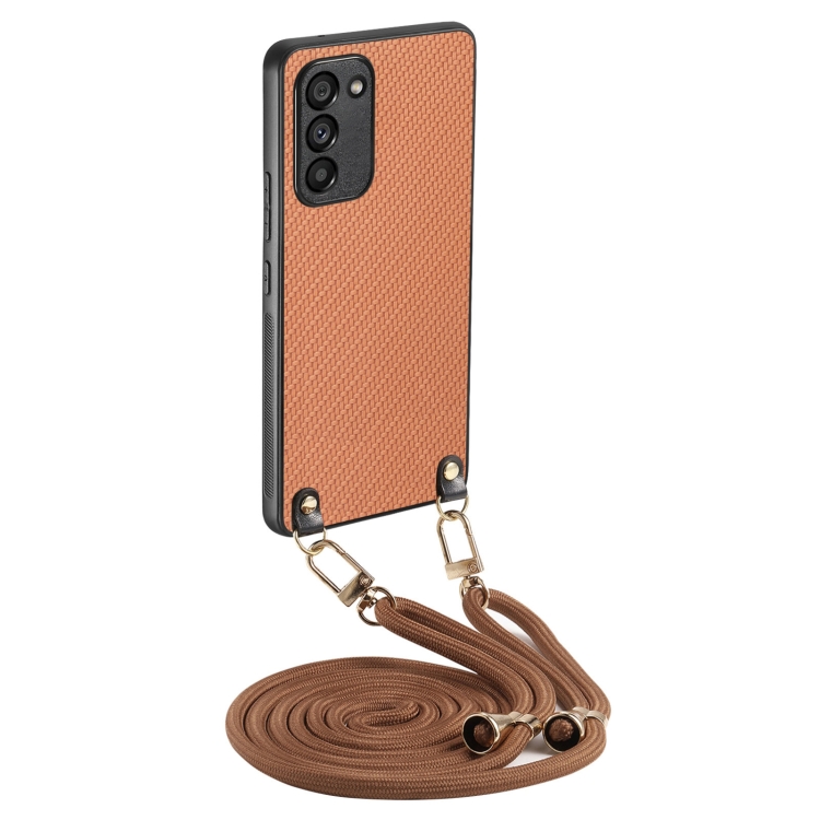 

For Samsung Galaxy S21+ 5G Carbon Fiber Texture Leather Back Cover Phone Case with Crossbody Strap(Brown)