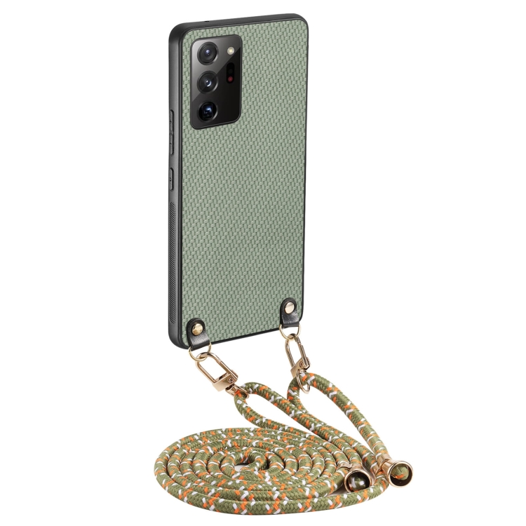 

For Samsung Galaxy Note20 Ultra Carbon Fiber Texture Leather Back Cover Phone Case with Crossbody Strap(Green)