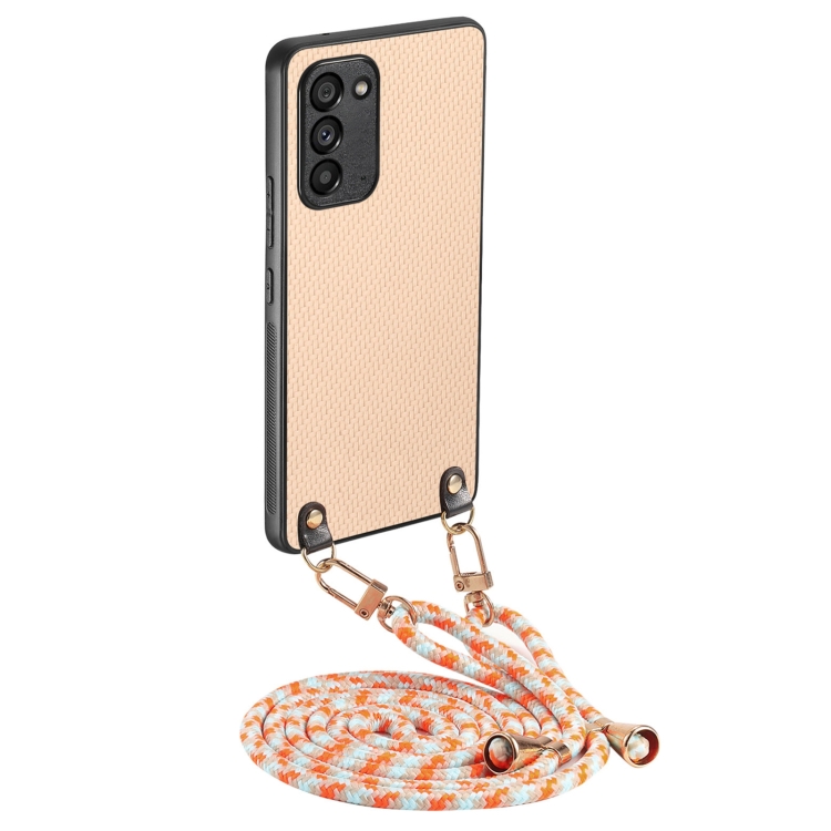 

For Samsung Galaxy Note20 Carbon Fiber Texture Leather Back Cover Phone Case with Crossbody Strap(Khaki)