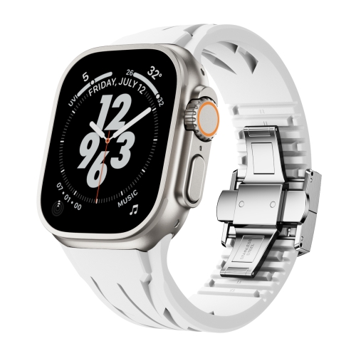 

For Apple Watch 44mm / 45mm / 46mm / 49mm Tailor Stainless Steel Silver Butterfly Buckle Silicone Watch Band(White)