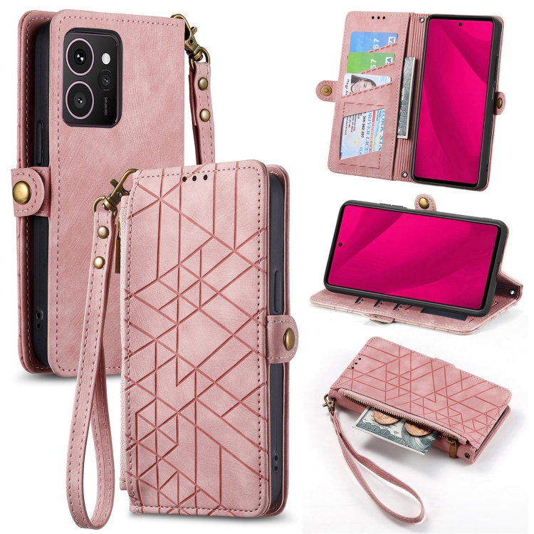 

For HMD Skyline Geometric Zipper Wallet Side Buckle Leather Phone Case(Pink)