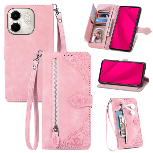 

For Infinix Smart 9 Embossed Flower Zipper Leather Phone Case(Pink)