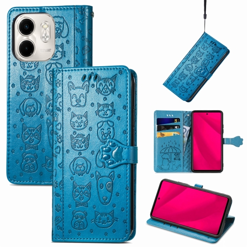 

For Infinix Smart 9 Cat and Dog Embossed Leather Phone Case(Blue)