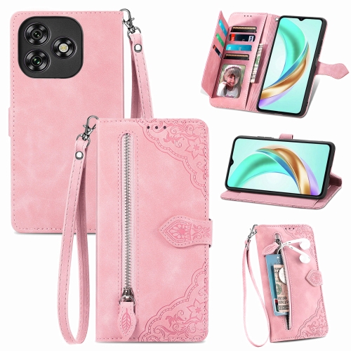 

For Oukitel C53 Embossed Flower Zipper Leather Phone Case(Pink)