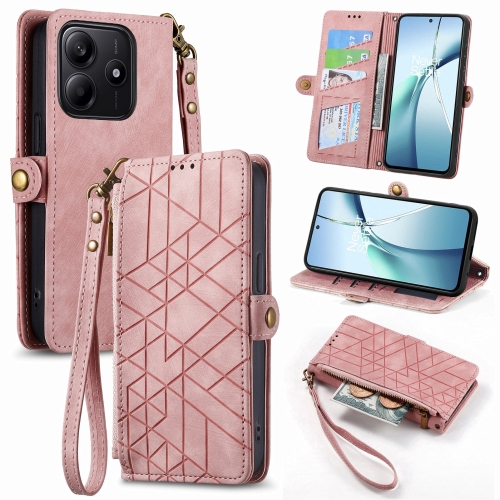 

For Xiaomi Redmi Note 14 5G Geometric Zipper Wallet Side Buckle Leather Phone Case(Pink)