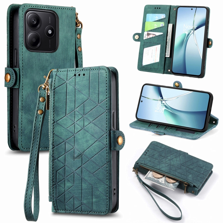 

For Xiaomi Redmi Note 14 5G Geometric Zipper Wallet Side Buckle Leather Phone Case(Green)