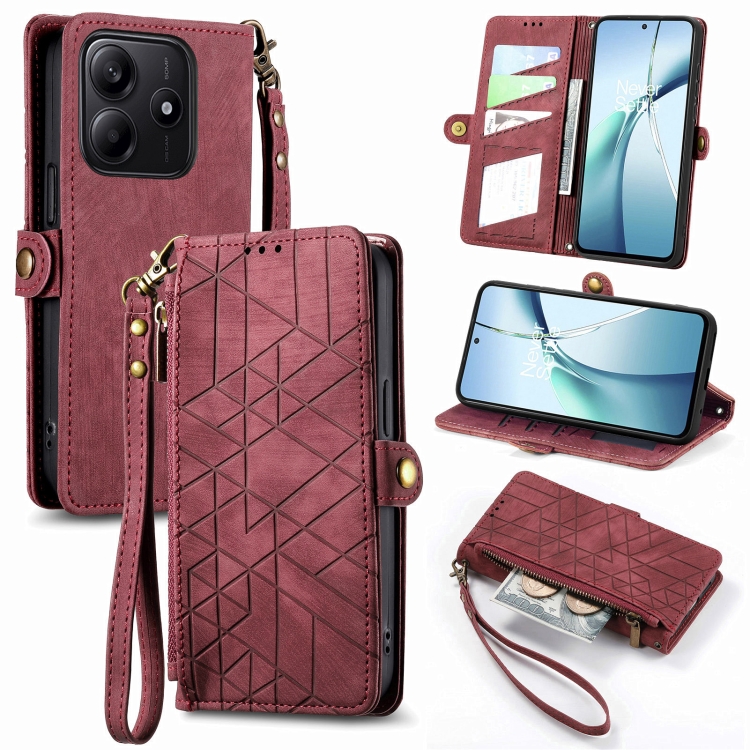 

For Xiaomi Redmi Note 14 5G Geometric Zipper Wallet Side Buckle Leather Phone Case(Red)
