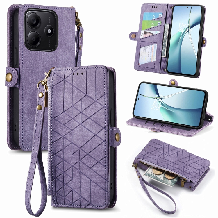 

For Xiaomi Redmi Note 14 5G Geometric Zipper Wallet Side Buckle Leather Phone Case(Purple)