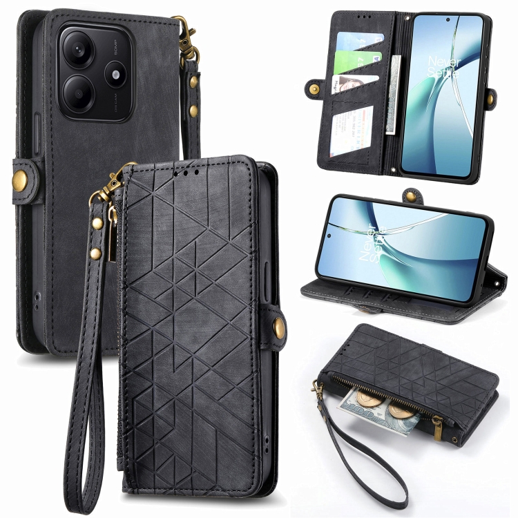 

For Xiaomi Redmi Note 14 5G Geometric Zipper Wallet Side Buckle Leather Phone Case(Black)