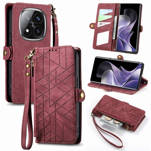 

For Xiaomi Redmi Note 14 Pro 5G Geometric Zipper Wallet Side Buckle Leather Phone Case(Red)