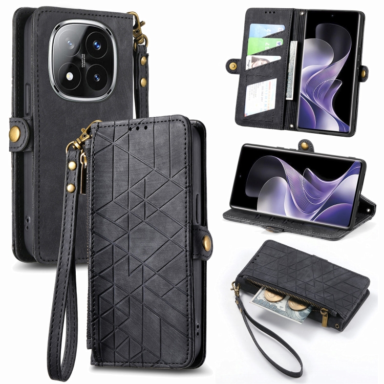 

For Xiaomi Redmi Note 14 Pro 5G Geometric Zipper Wallet Side Buckle Leather Phone Case(Black)