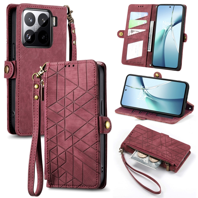 

For Xiaomi 15 Geometric Zipper Wallet Side Buckle Leather Phone Case(Red)