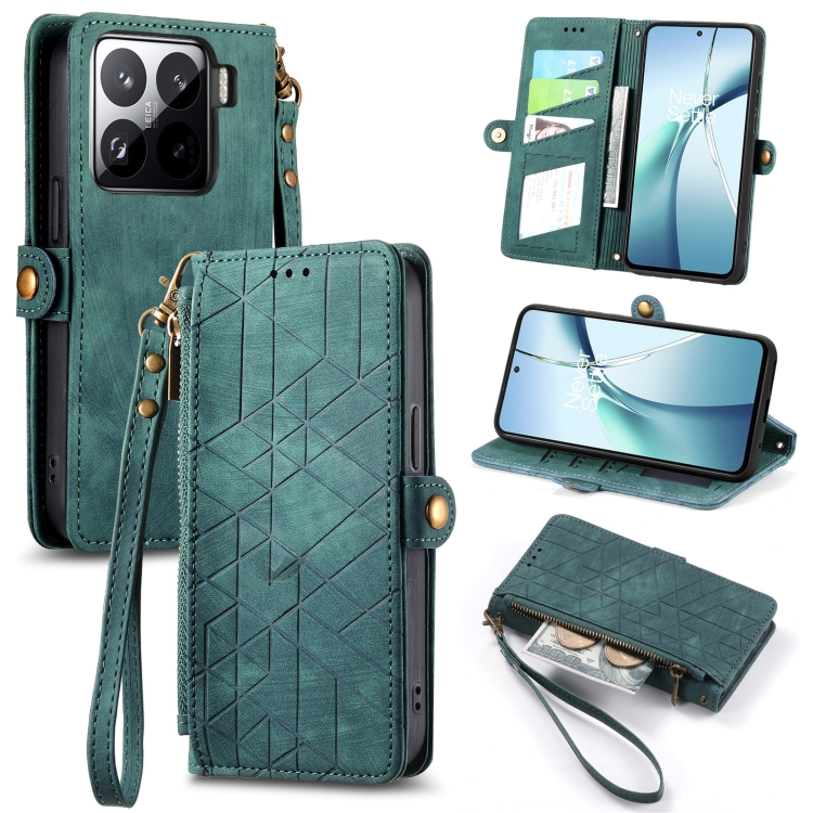 

For Xiaomi 15 Pro Geometric Zipper Wallet Side Buckle Leather Phone Case(Green)
