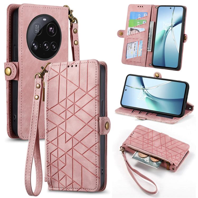 

For Xiaomi 15 Ultra Geometric Zipper Wallet Side Buckle Leather Phone Case(Pink)