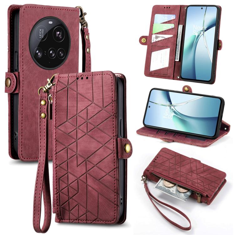 

For Xiaomi 15 Ultra Geometric Zipper Wallet Side Buckle Leather Phone Case(Red)