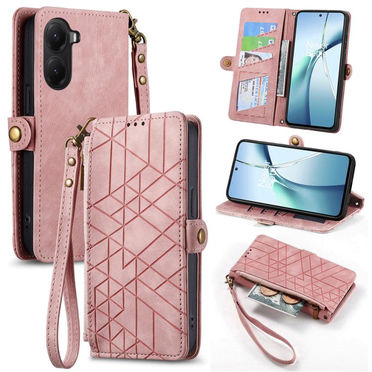 

For Xiaomi Poco X7 Pro Geometric Zipper Wallet Side Buckle Leather Phone Case(Pink)