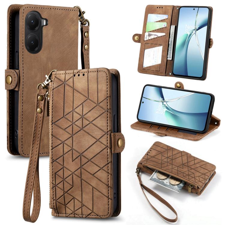 

For Xiaomi Poco X7 Pro Geometric Zipper Wallet Side Buckle Leather Phone Case(Brown)