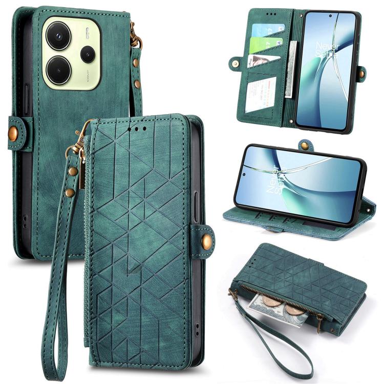 

For Redmi Note 14 4G 164.84mm Geometric Zipper Wallet Side Buckle Leather Phone Case(Green)